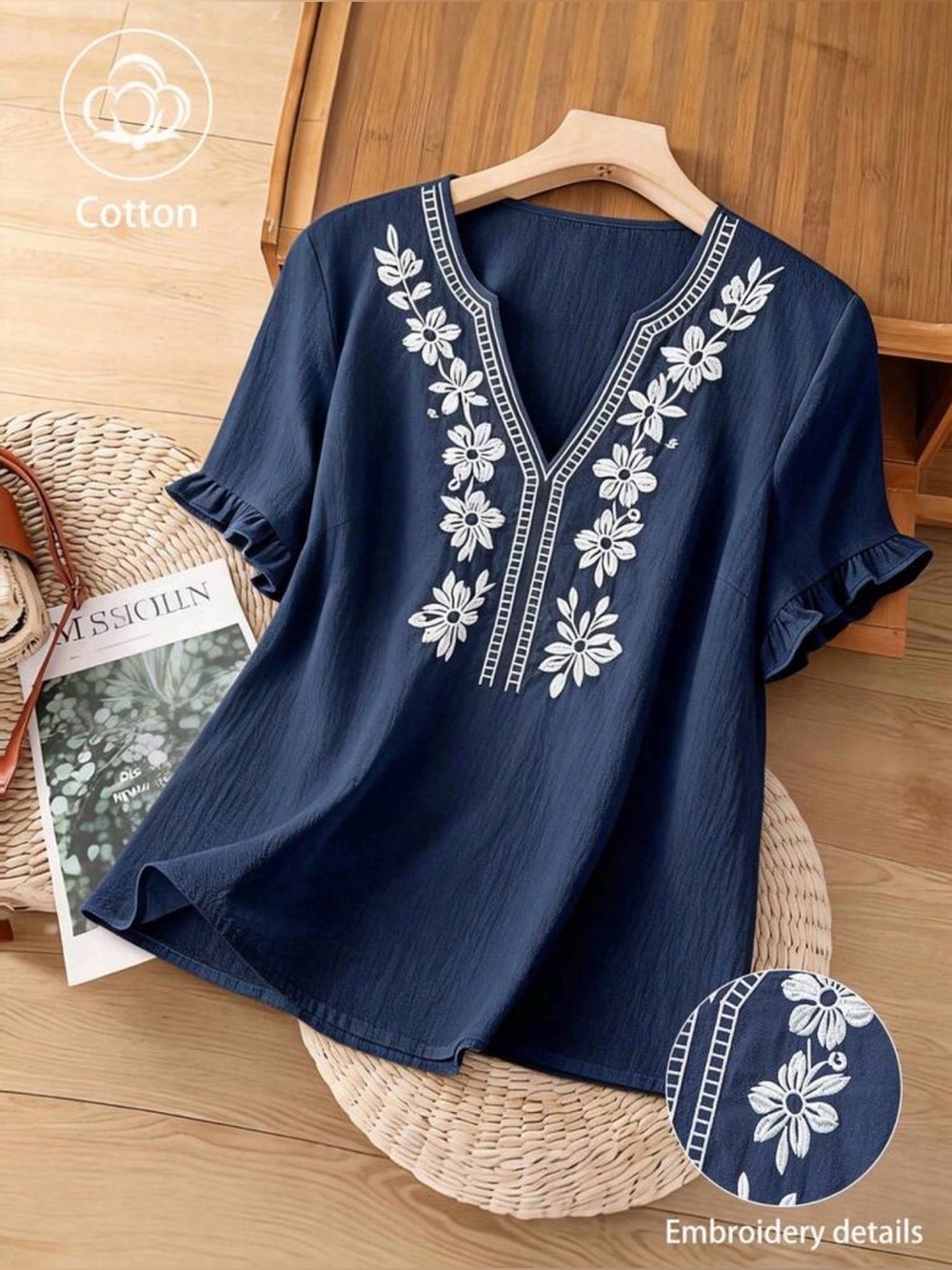 Women’s Navy Embroidered V-Neck Cotton Top